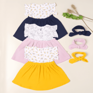 Baby girl summer outfits featuring dresses and headbands in various colors and patterns.